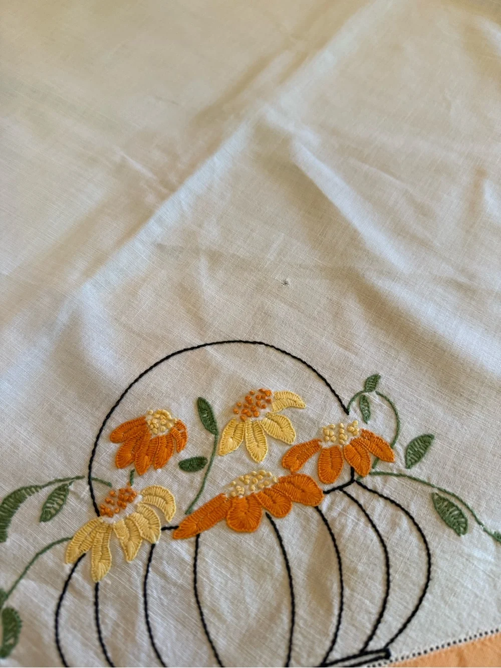Vintage Embroidered Floral Basket Tablecloth - Orange and White Fall